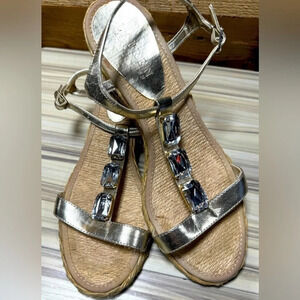 Ralph Lauren Corala Espadrilles Wedge  Sandals 7M rhinestone t strap silver tan